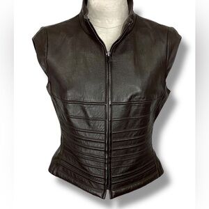 Worth Brown Leather Vest High Collar Zip Cap Sleeve Croc embossed lined